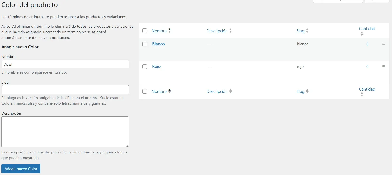 Productos Variables en WooCommerce: La Guía Paso a Paso para Tallas y Colores - agregar términos de talla y color en WooCommerce