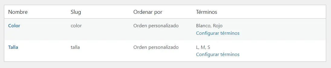Productos Variables en WooCommerce: La Guía Paso a Paso para Tallas y Colores - configurar términos del atributo en WooCommerce