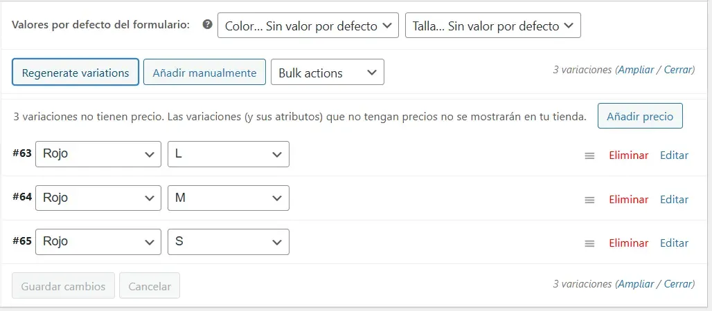 Productos Variables en WooCommerce: La Guía Paso a Paso para Tallas y Colores - lista de variaciones generadas automáticamente en WooCommerce