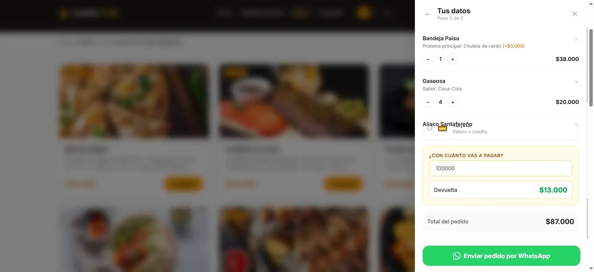 Formulario de checkout con domicilio seleccionado y calculadora de vuelto integrada