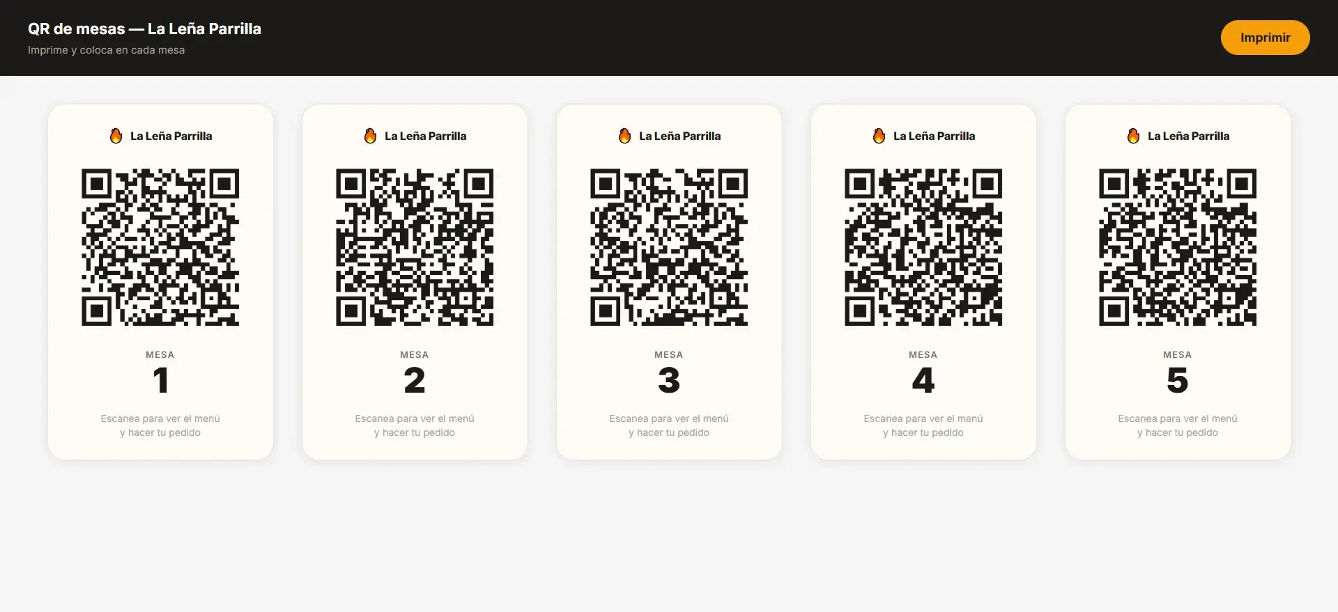 Panel de administración para generar e imprimir tarjetas QR por mesa