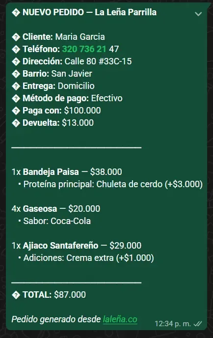 Mensaje de pedido generado automáticamente en WhatsApp con todos los datos del cliente