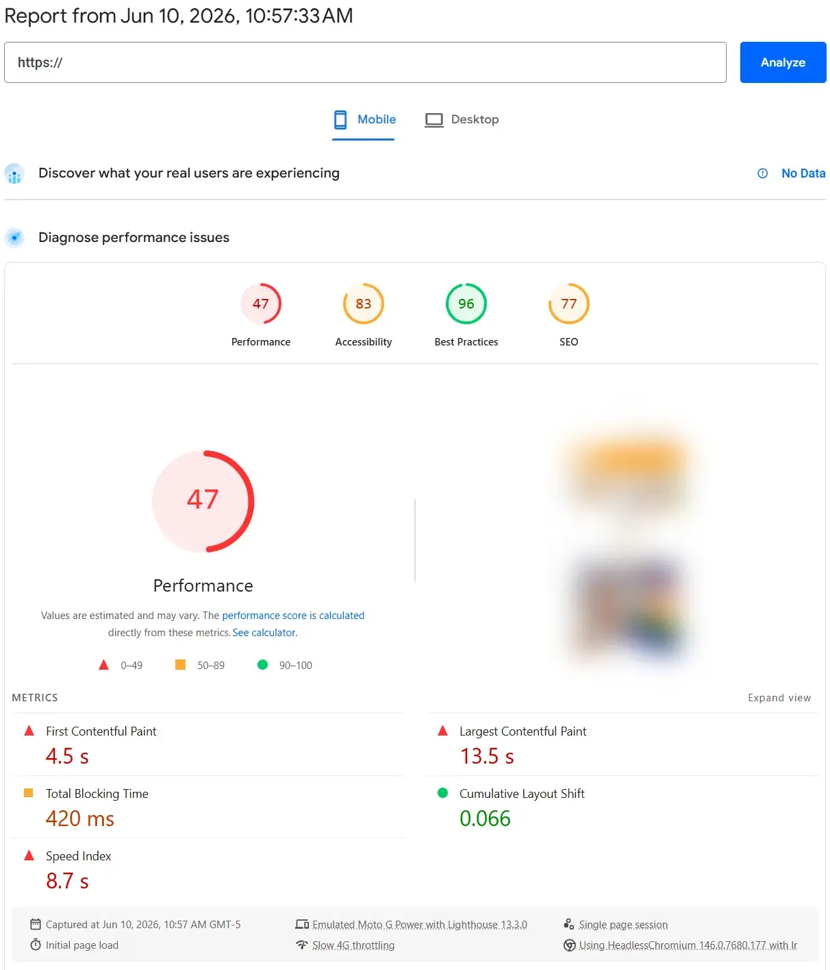 Reporte de PageSpeed Insights mostrando un puntaje bajo de rendimiento en móvil