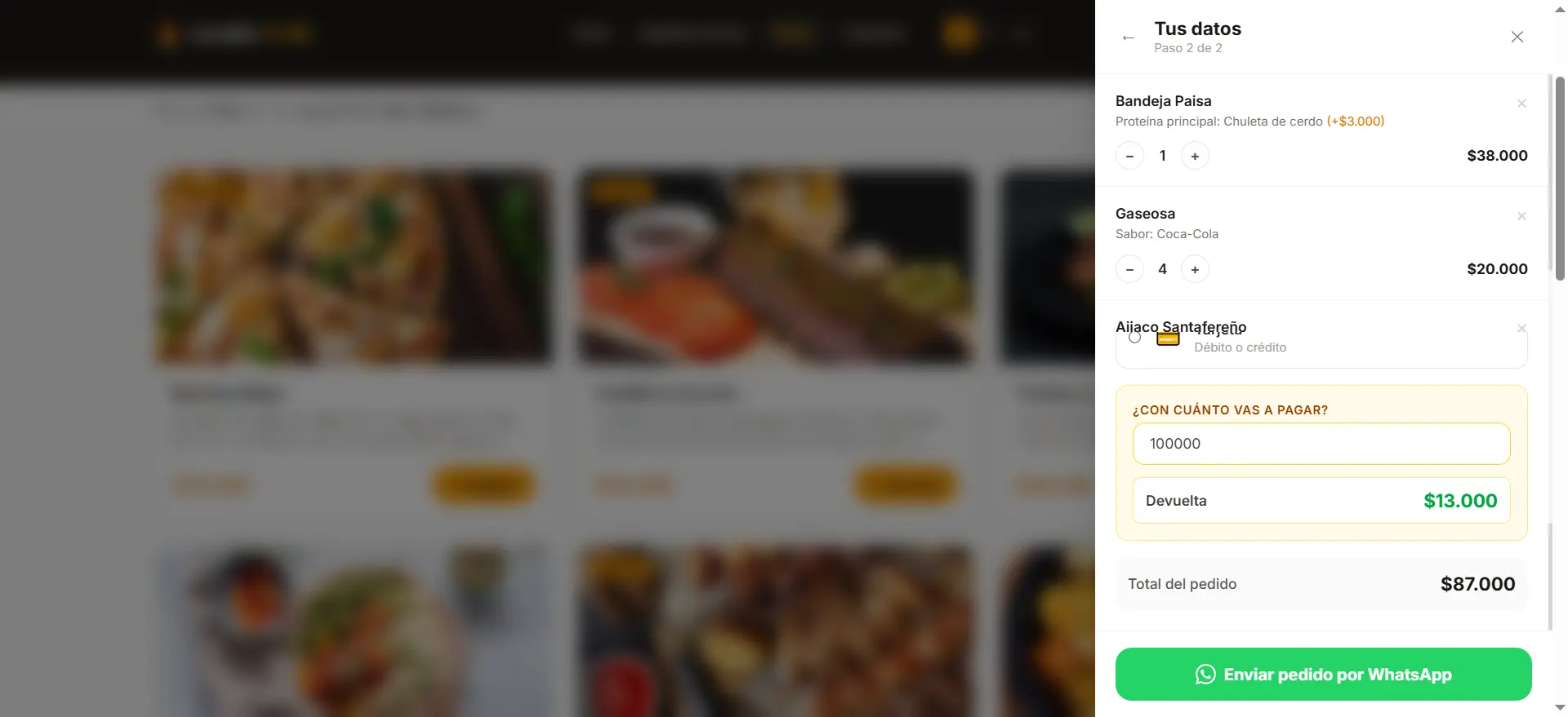 Formulario de checkout con domicilio seleccionado y calculadora de vuelto integrada
