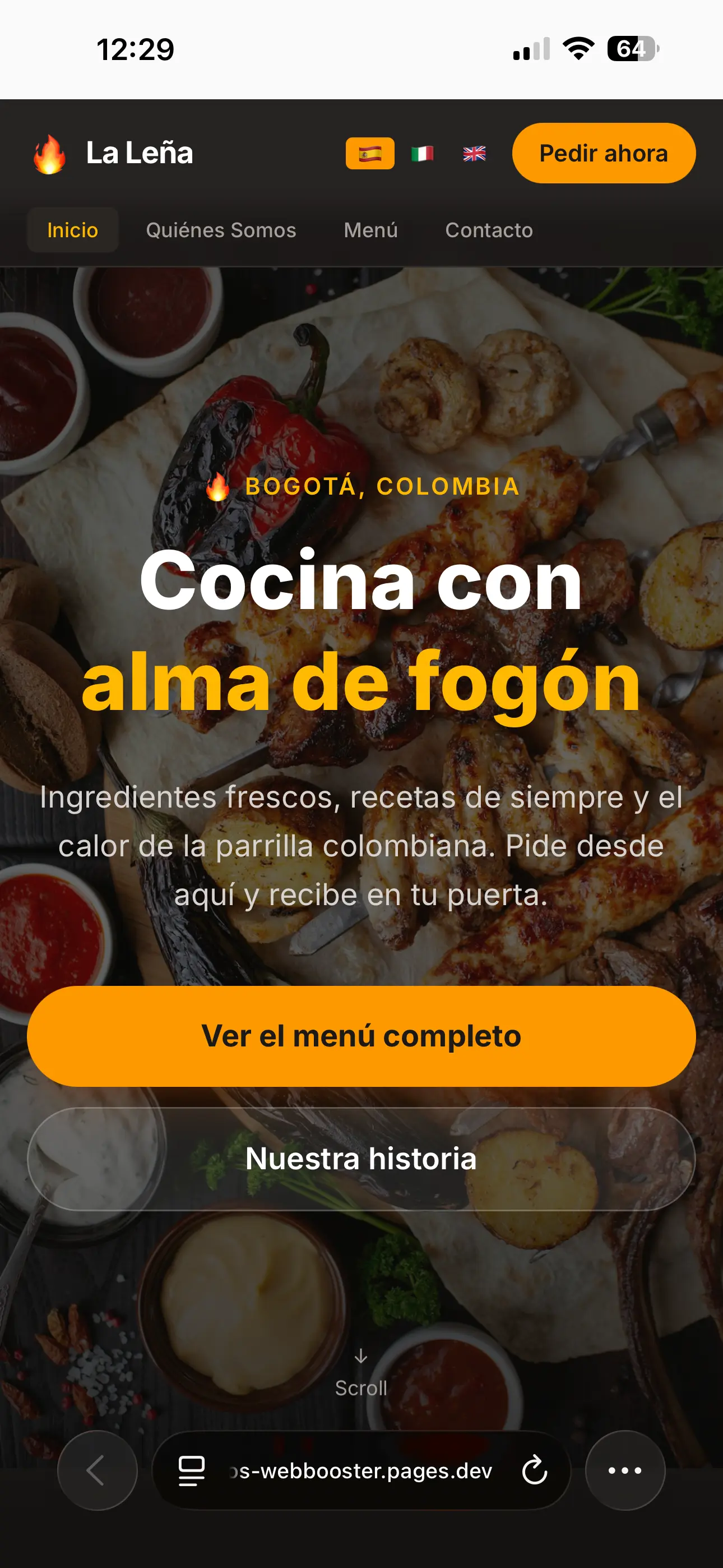 Página de inicio del menú digital para restaurante en móvil
