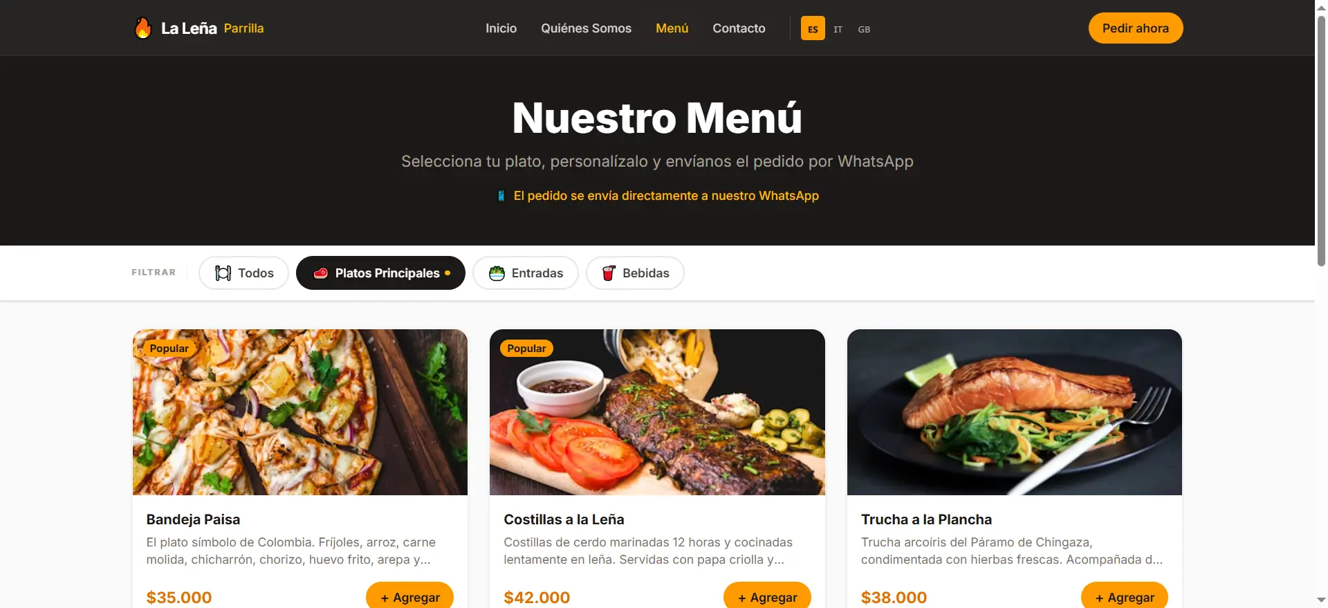 Menú digital con filtros por categoría y badge de platos populares