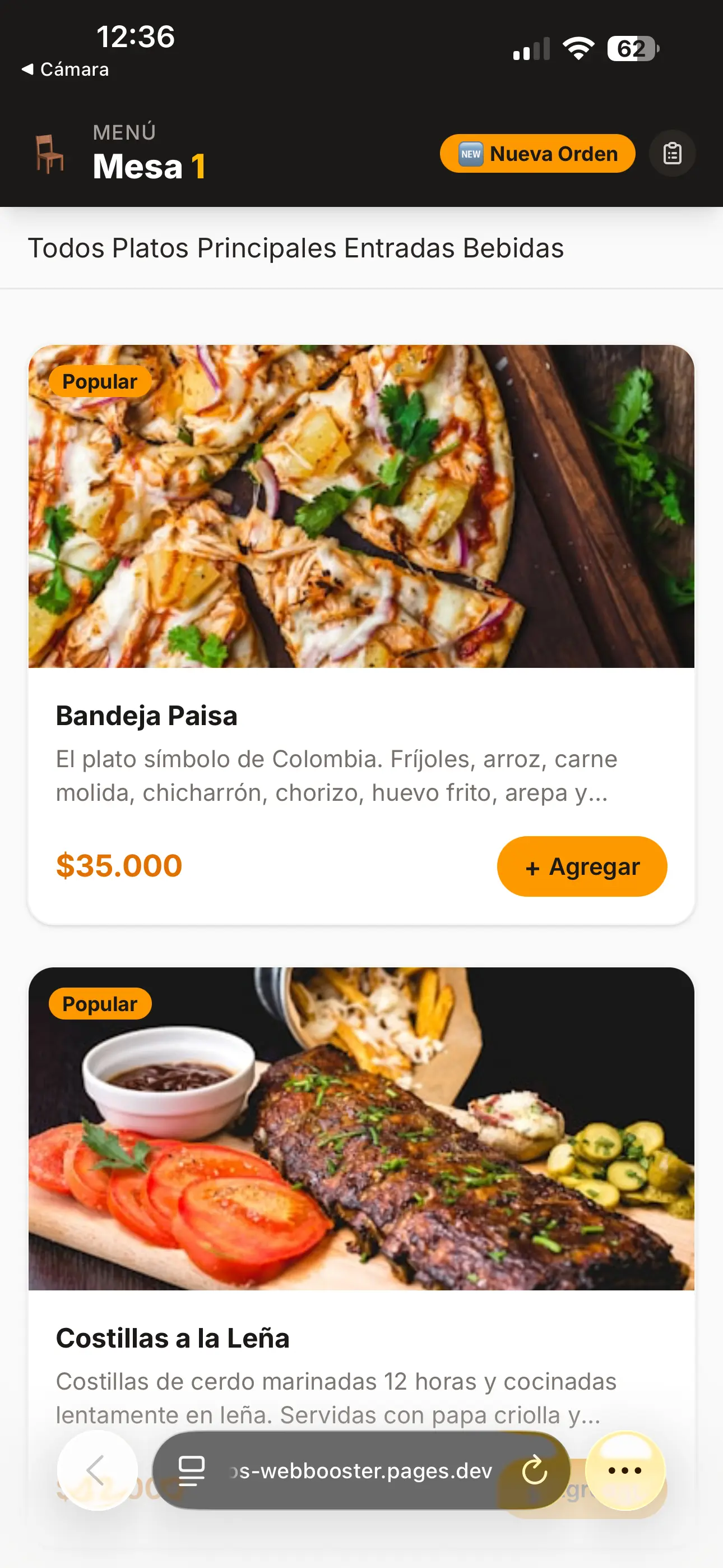 Interfaz de mesa desde celular con banner del número de mesa visible