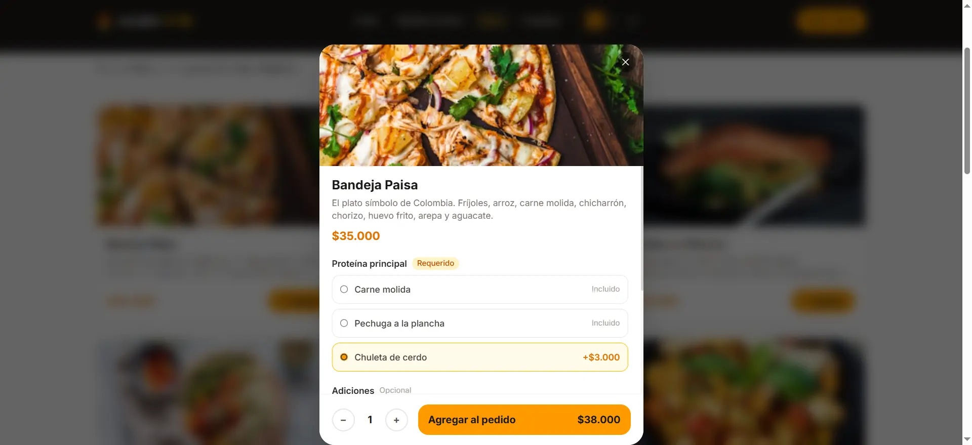 Modal de personalización de plato con opciones y precio actualizado en tiempo real