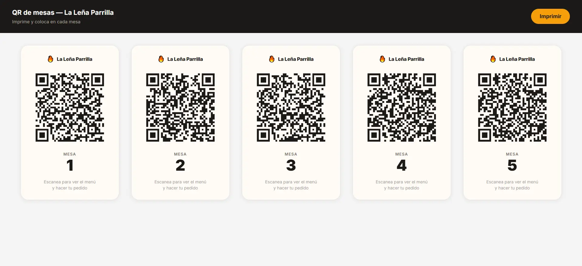 Panel de administración para generar e imprimir tarjetas QR por mesa