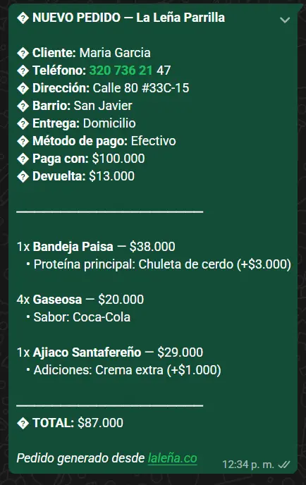 Mensaje de pedido generado automáticamente en WhatsApp con todos los datos del cliente