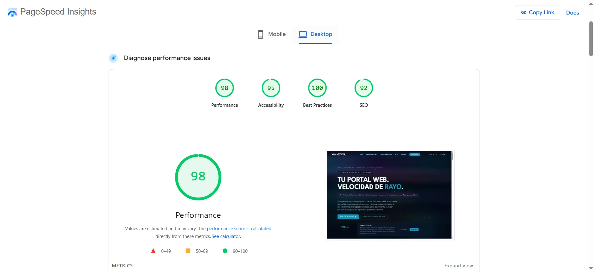Reporte de Google PageSpeed Insights mostrando puntaje 98 en Performance, 95 en Accessibility, 100 en Best Practices y 92 en SEO para el portal web de Web Booster